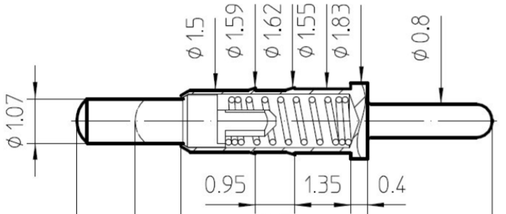 Mechanical drawing of a Preci-dip 90155-AS pogo pin. It is 10mm long, with 1.4mm stroke. The central area along its length has several barbs and a narrow shoulder with 10 micron tolerances.