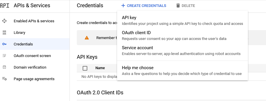 Selecting “Create credentials” drops down a menu, where one option is to create an OAuth client ID
