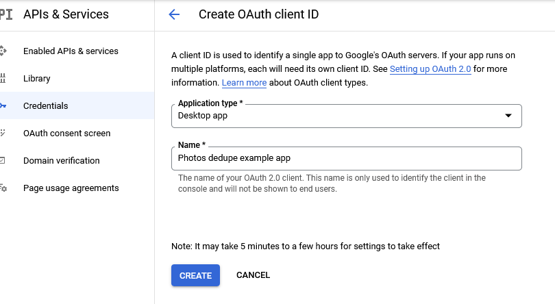 Creating a client ID requires the application type be specified and a name provided