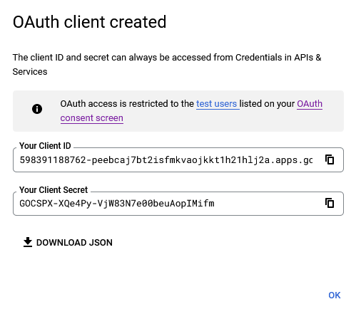 After creating a client ID, the ID and a client secret are shown, with a button available to download JSON
