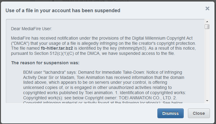 Use of a file in your account has been suspended