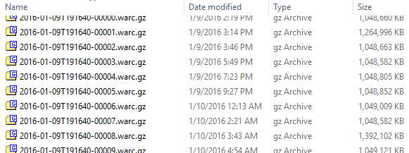 A directory listing showing many WARC files, each larger than a gigabyte.
